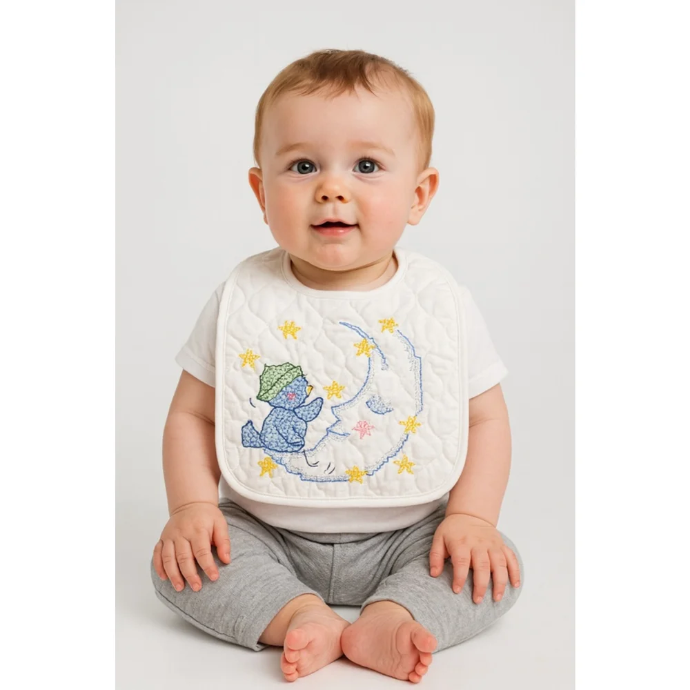 Handmade Quilted Baby Bib – Embroidered Duck & Moon Design | Soft Cotton | Vinta